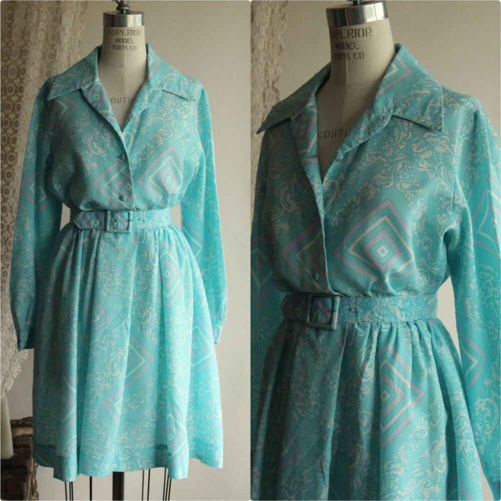 Vintage 1960s 1970s Dress with Belt, Nelly Don Volup Blue Pink and White